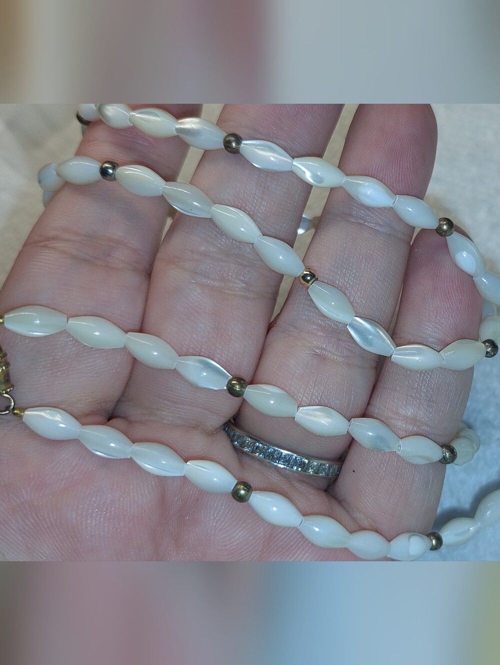 Classic Cream Opal Or Mother Of Pearl, Beaded Necklace with Brass Accents